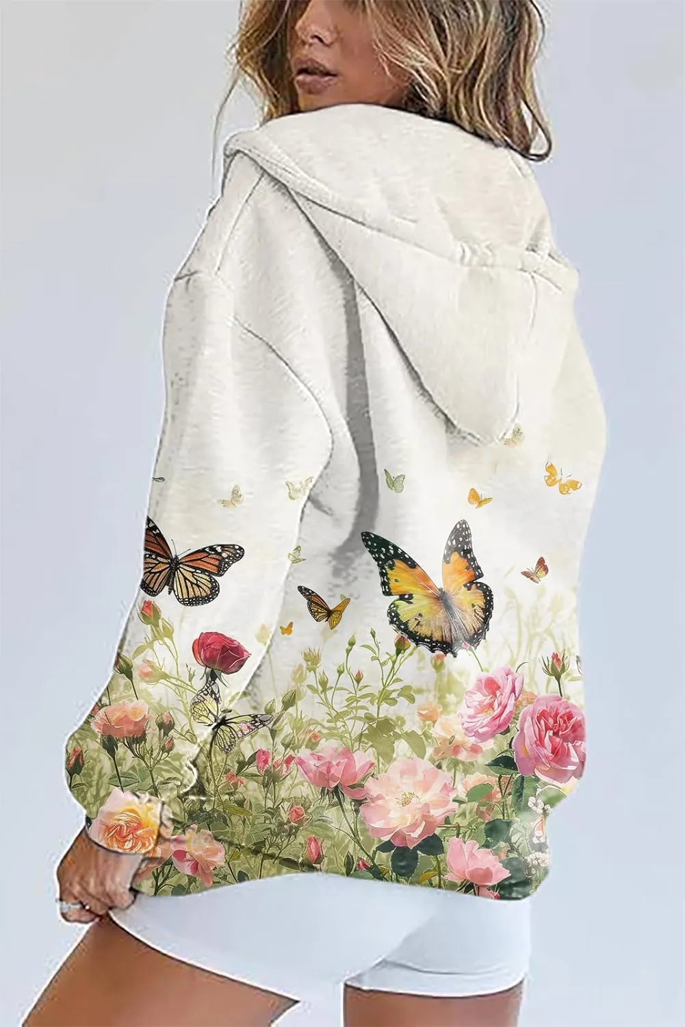 Women's Butterfly Graphic Hoodies Oversized Zip Up Sweatshirts Long Sleeve Fall Vintage Novelty Hoodies with Pockets