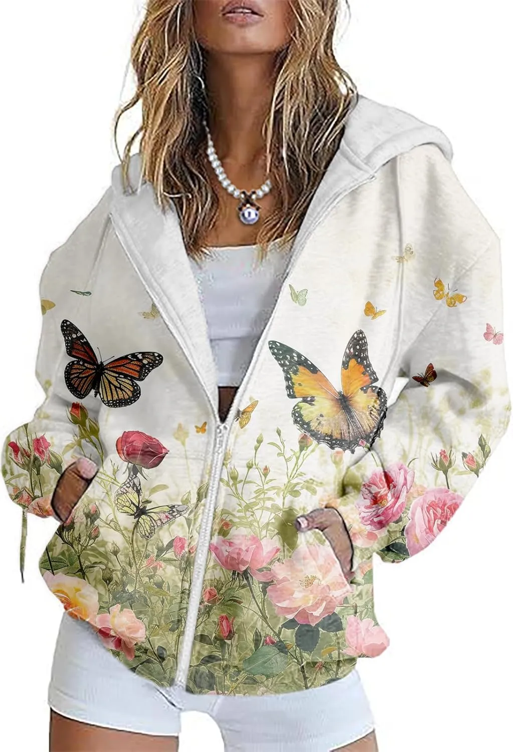 Women's Butterfly Graphic Hoodies Oversized Zip Up Sweatshirts Long Sleeve Fall Vintage Novelty Hoodies with Pockets