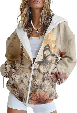 Women's Butterfly Graphic Hoodies Oversized Zip Up Sweatshirts Long Sleeve Fall Vintage Novelty Hoodies with Pockets
