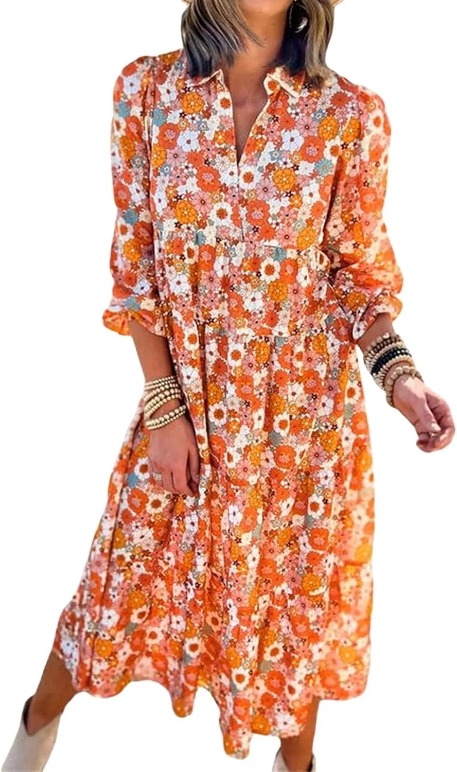 Women's Casual Boho Floral Print Dress V Neck Ruffle Sleeve Maxi Dress Loose Fit Beach Dresses Sundresses for Summer