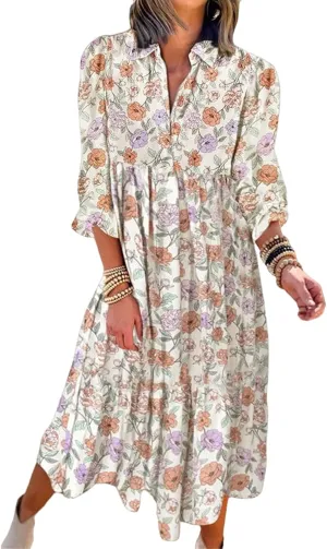 Women's Casual Boho Floral Print Dress V Neck Ruffle Sleeve Maxi Dress Loose Fit Beach Dresses Sundresses for Summer