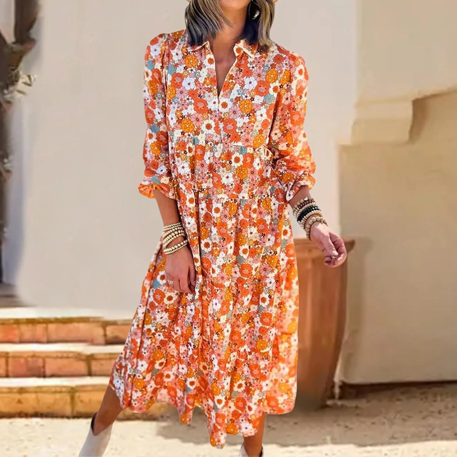 Women's Casual Boho Floral Print Dress V Neck Ruffle Sleeve Maxi Dress Loose Fit Beach Dresses Sundresses for Summer