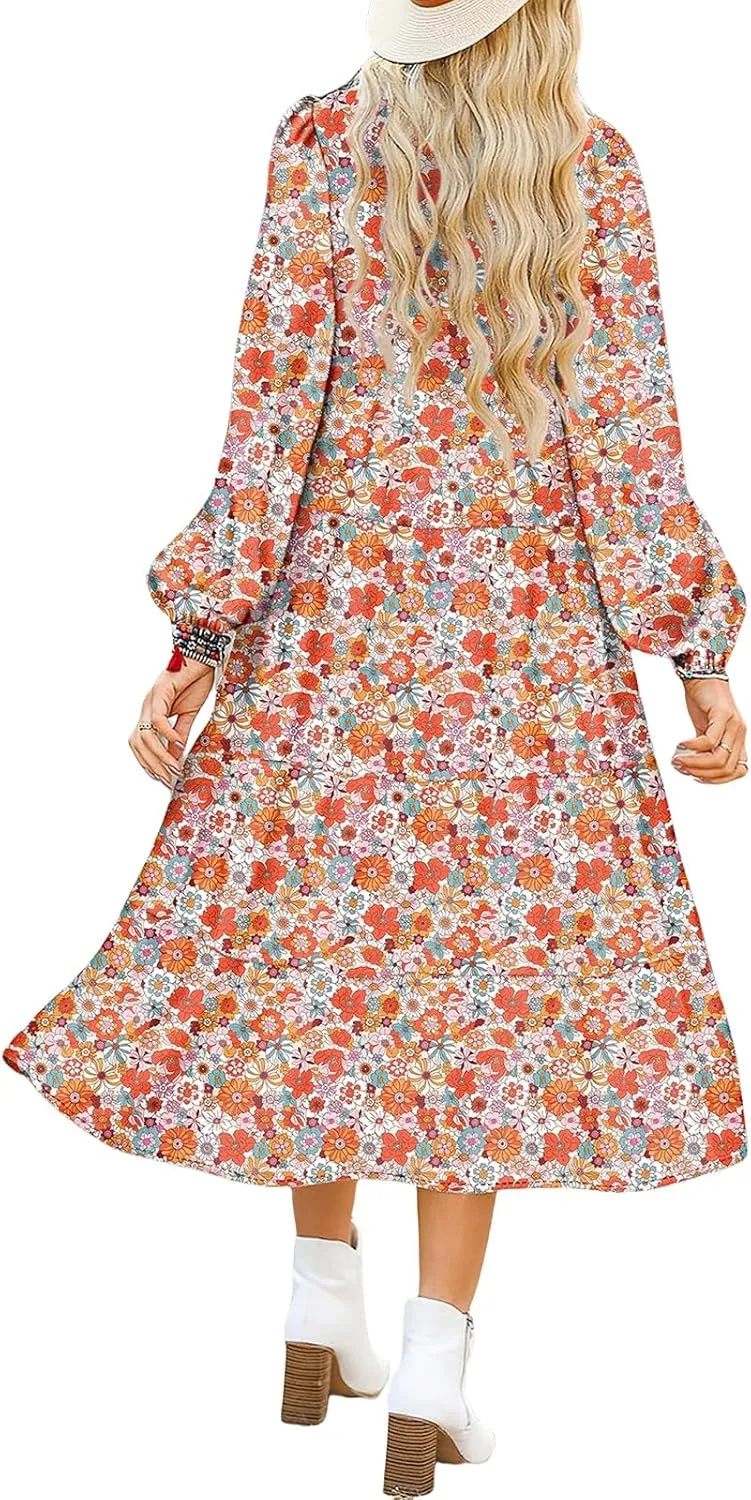 Women's Casual Boho Floral Print Dress V Neck Ruffle Sleeve Maxi Dress Loose Fit Beach Dresses Sundresses for Summer