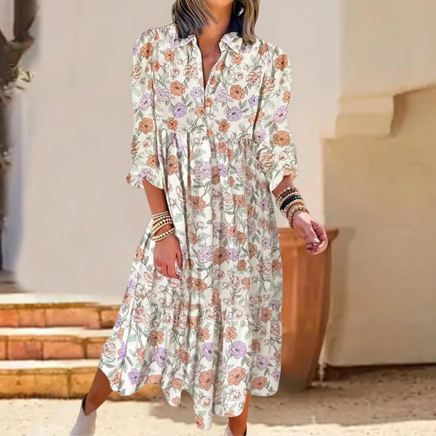 Women's Casual Boho Floral Print Dress V Neck Ruffle Sleeve Maxi Dress Loose Fit Beach Dresses Sundresses for Summer