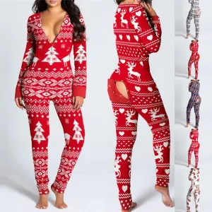 Women's One Piece Print Sleepwear Christmas Pajamas Jumpsuit Rompers Long Sleeve Nightwear