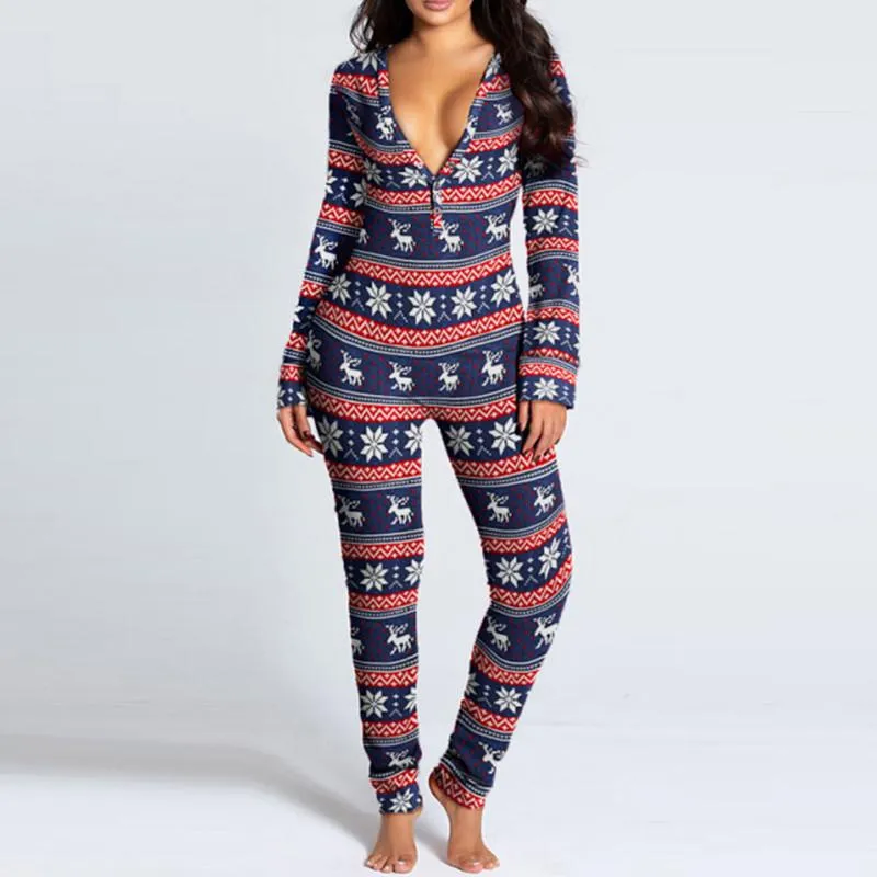 Women's One Piece Print Sleepwear Christmas Pajamas Jumpsuit Rompers Long Sleeve Nightwear