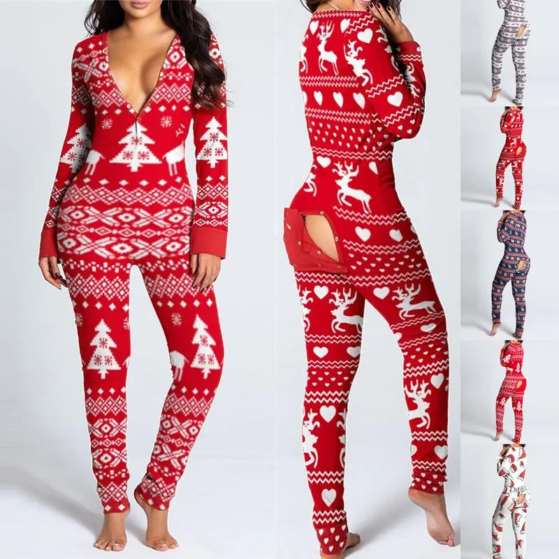 Women's One Piece Print Sleepwear Christmas Pajamas Jumpsuit Rompers Long Sleeve Nightwear