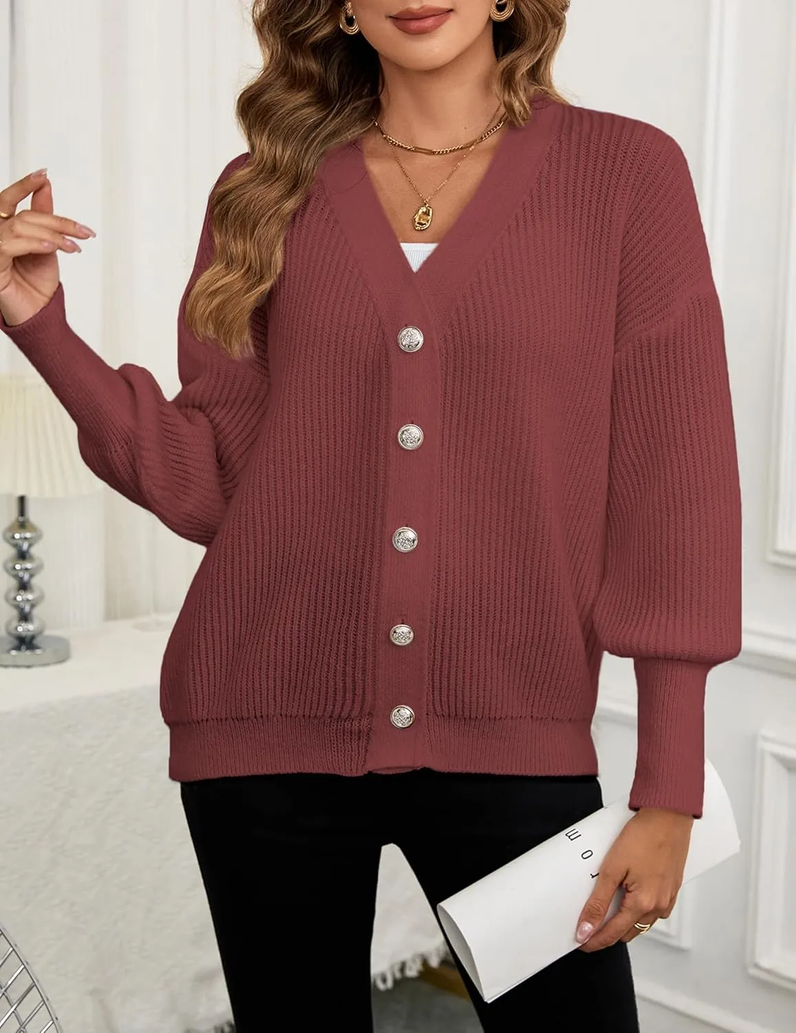Women's Oversized V Neck Button Cardigan Fall 2024 Ladies Dressy Casual Chunky Ribbed Knit Sweater Cardigans