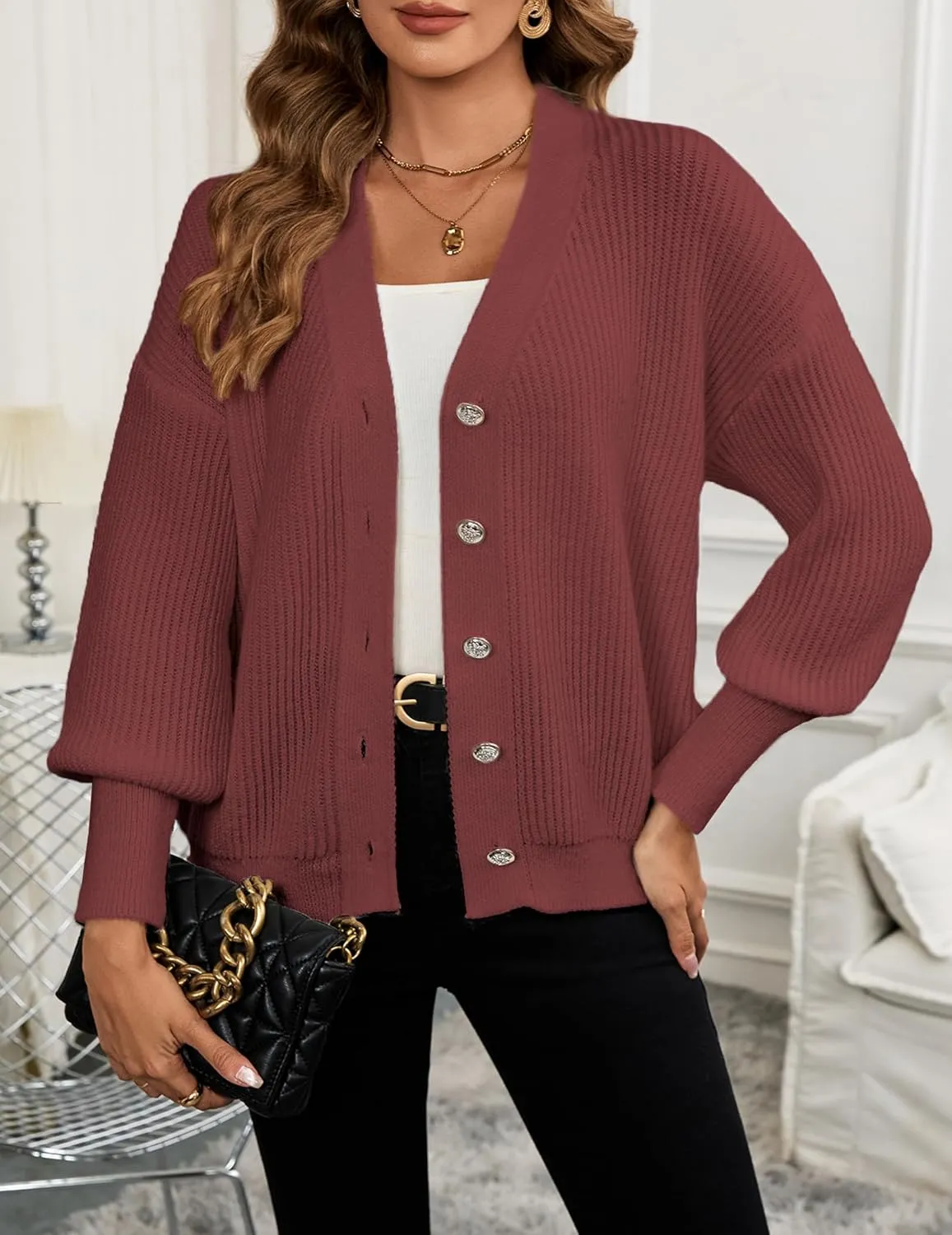 Women's Oversized V Neck Button Cardigan Fall 2024 Ladies Dressy Casual Chunky Ribbed Knit Sweater Cardigans