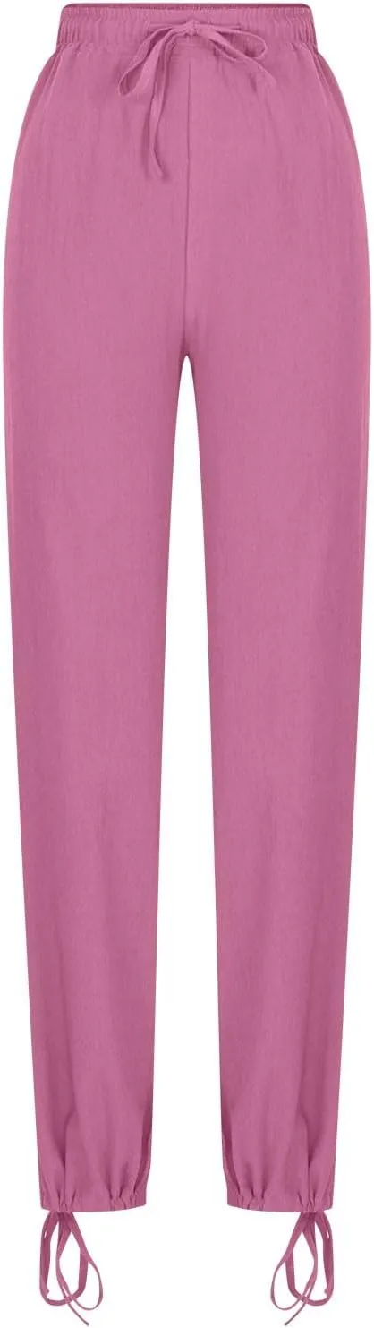 Womens Wide Leg Linen Pants Casual Summr Solid Palazzo Lounge Trousers Drawstring High Waisted Pocket Beach Pants