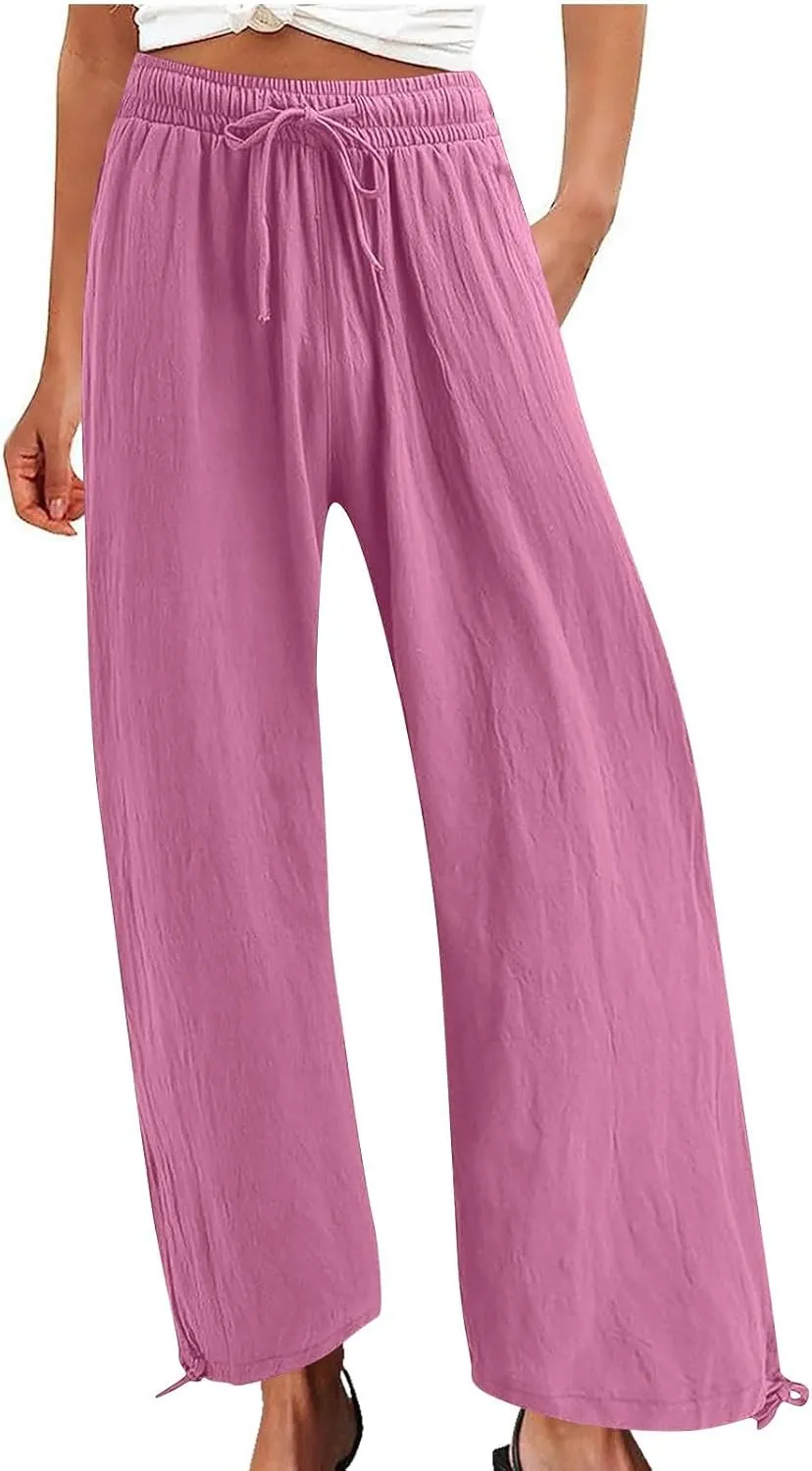 Womens Wide Leg Linen Pants Casual Summr Solid Palazzo Lounge Trousers Drawstring High Waisted Pocket Beach Pants