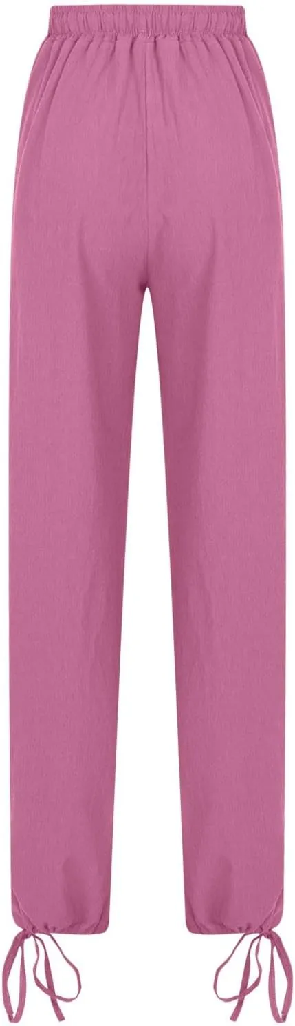 Womens Wide Leg Linen Pants Casual Summr Solid Palazzo Lounge Trousers Drawstring High Waisted Pocket Beach Pants