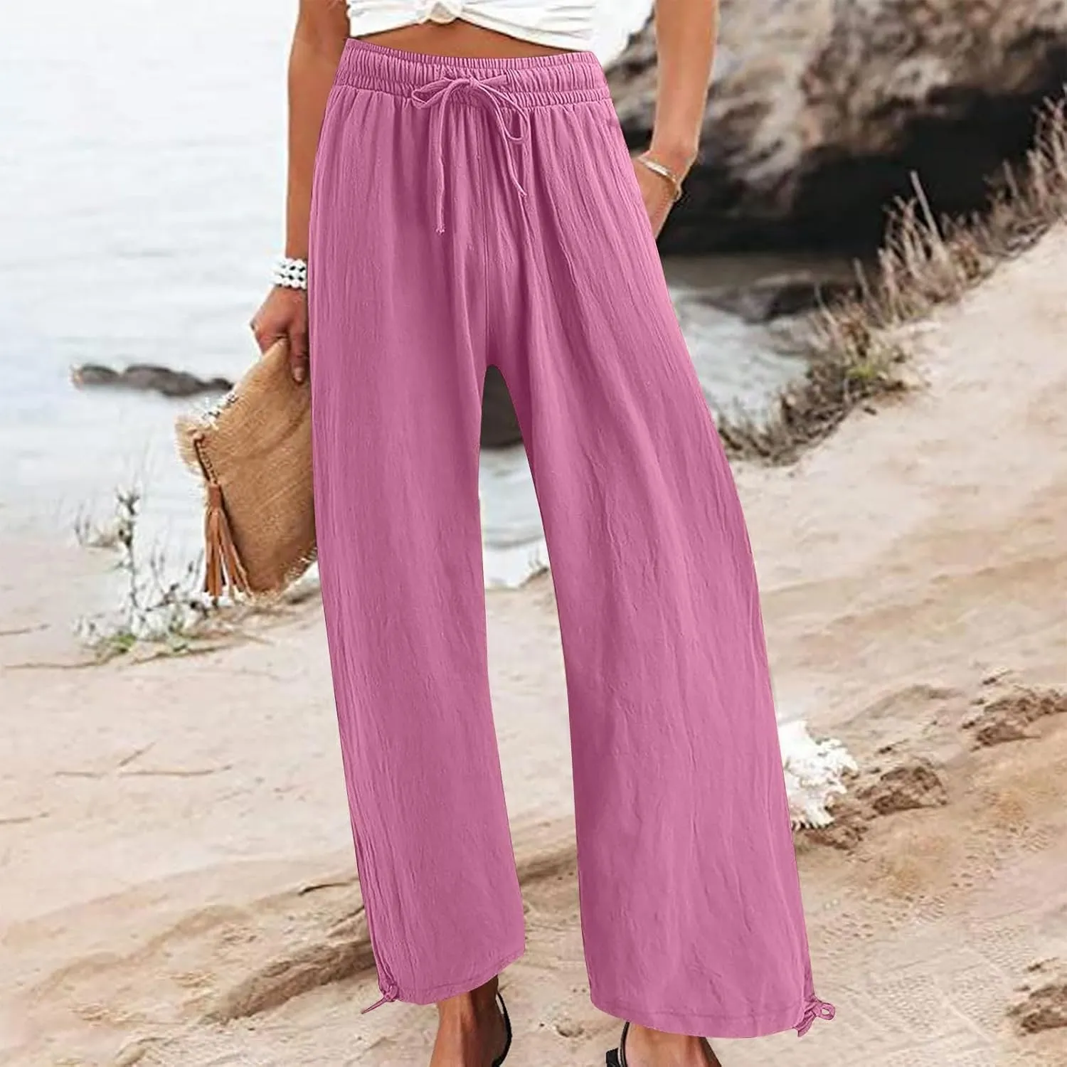 Womens Wide Leg Linen Pants Casual Summr Solid Palazzo Lounge Trousers Drawstring High Waisted Pocket Beach Pants