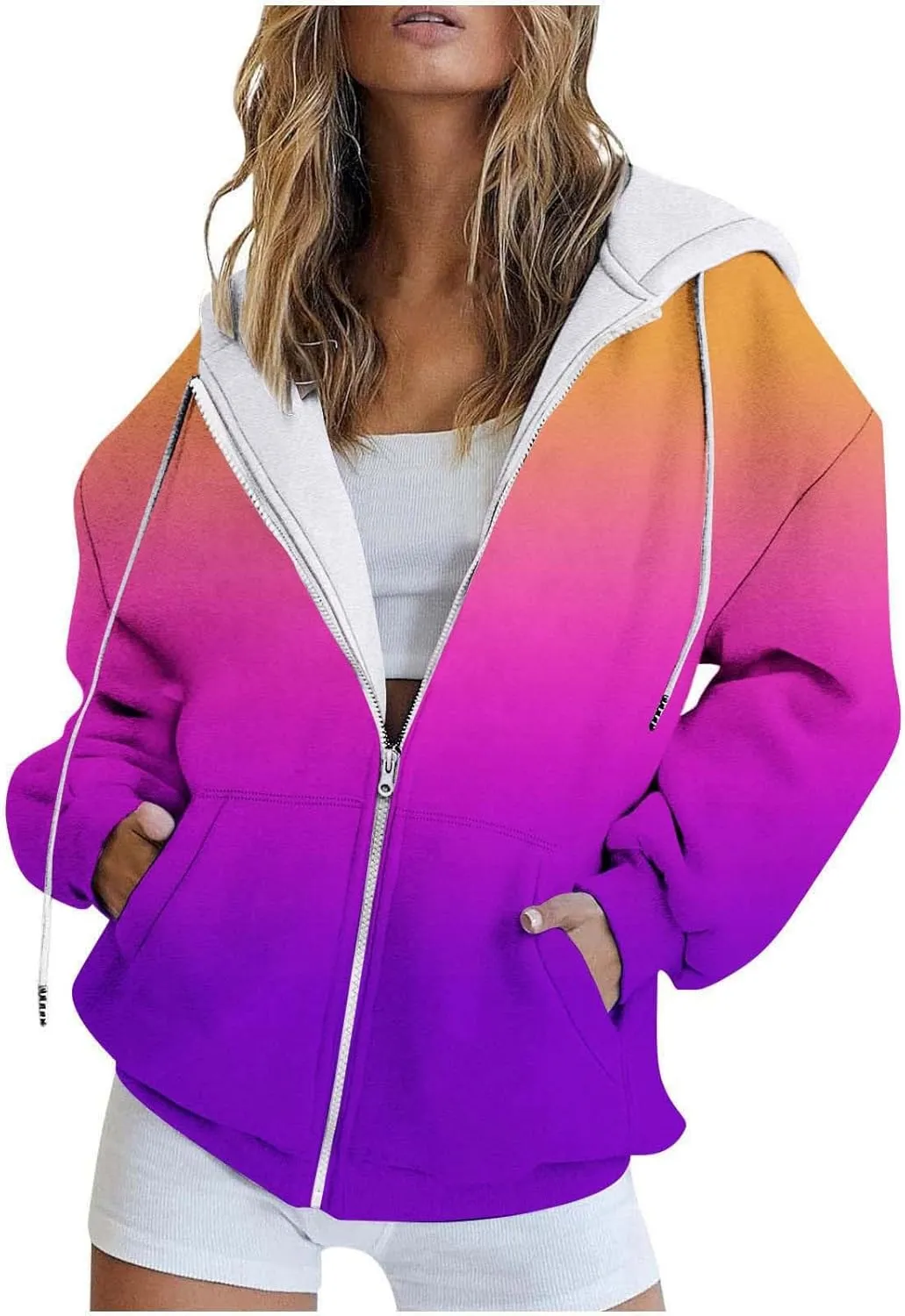 Womens Zip Up Hoodies Long Sleeve Oversized Gradient Sweatshirts Lightweight Y2K Jacket Pockets Fall Outfits Fashion Clothes