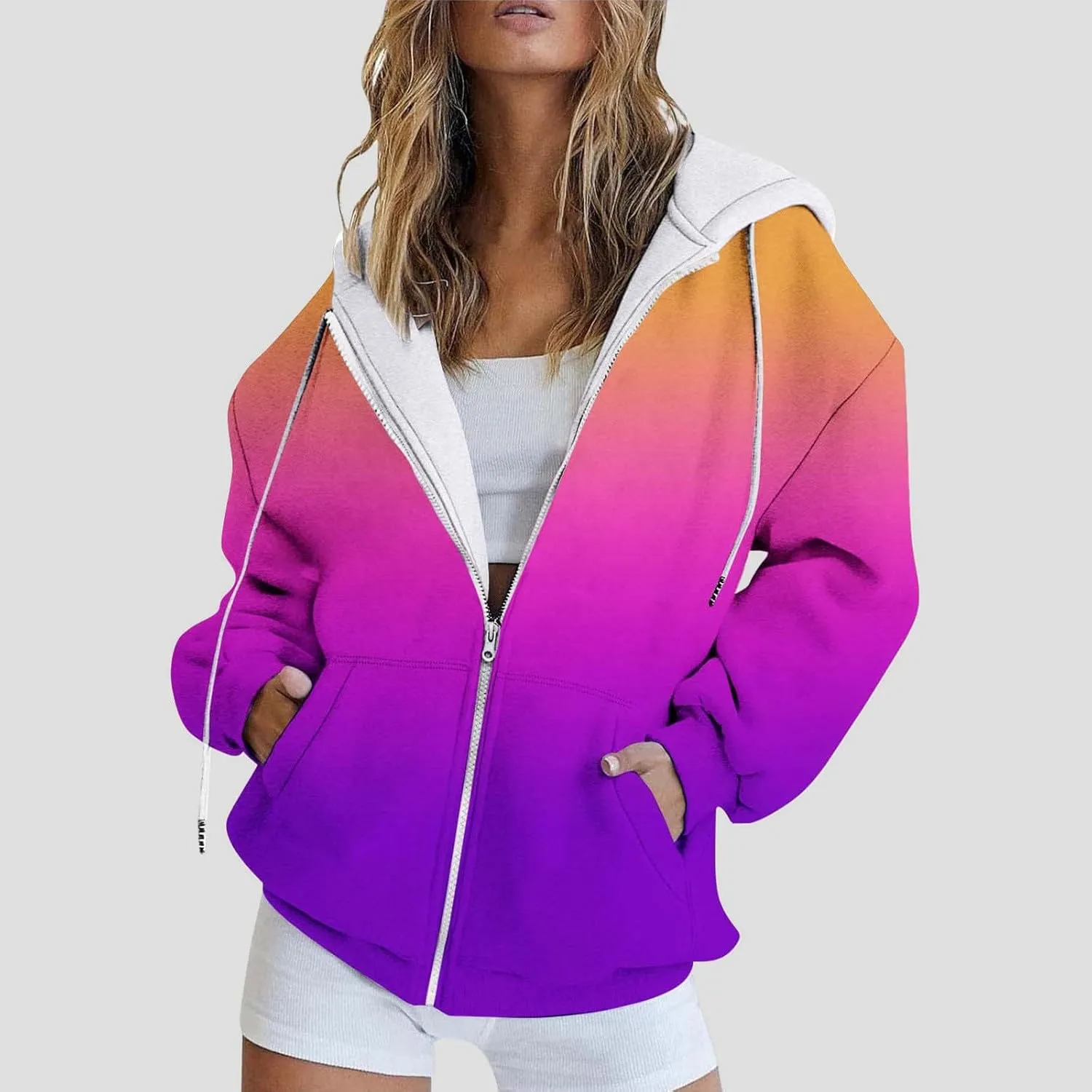 Womens Zip Up Hoodies Long Sleeve Oversized Gradient Sweatshirts Lightweight Y2K Jacket Pockets Fall Outfits Fashion Clothes