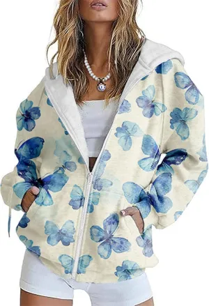 Zip Up Hoodie Women Butterfly Graphic Hoodies Long Sleeve Oversized Y2K Sweatshirts Cute jackets Plus Size for Girls